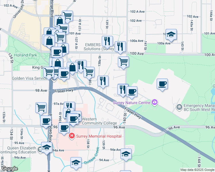 map of restaurants, bars, coffee shops, grocery stores, and more near 13925 Fraser Highway in Surrey