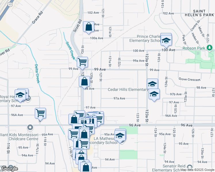 map of restaurants, bars, coffee shops, grocery stores, and more near 12139 98 Avenue in Surrey