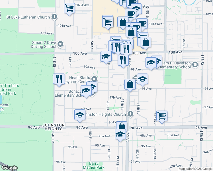 map of restaurants, bars, coffee shops, grocery stores, and more near 15098 98A Avenue in Surrey