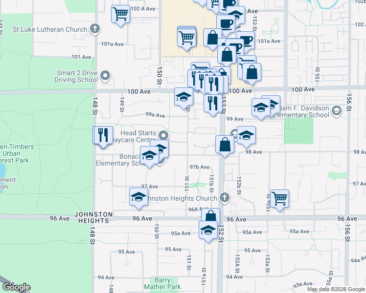 map of restaurants, bars, coffee shops, grocery stores, and more near 15090 98A Avenue in Surrey