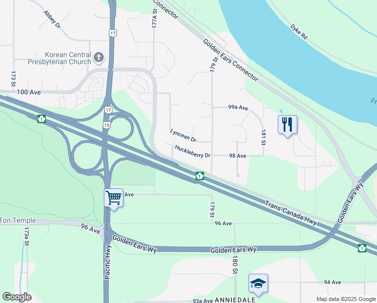 map of restaurants, bars, coffee shops, grocery stores, and more near Huckleberry Drive in Surrey