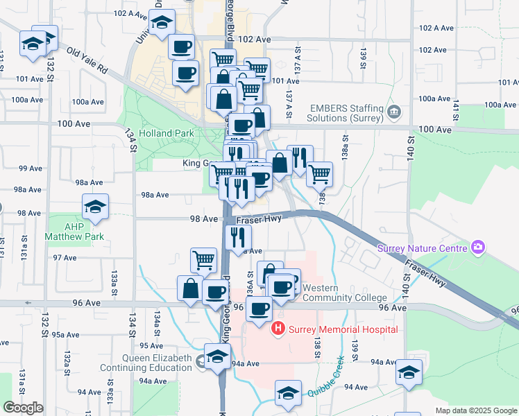 map of restaurants, bars, coffee shops, grocery stores, and more near 13655 Fraser Highway in Vancouver