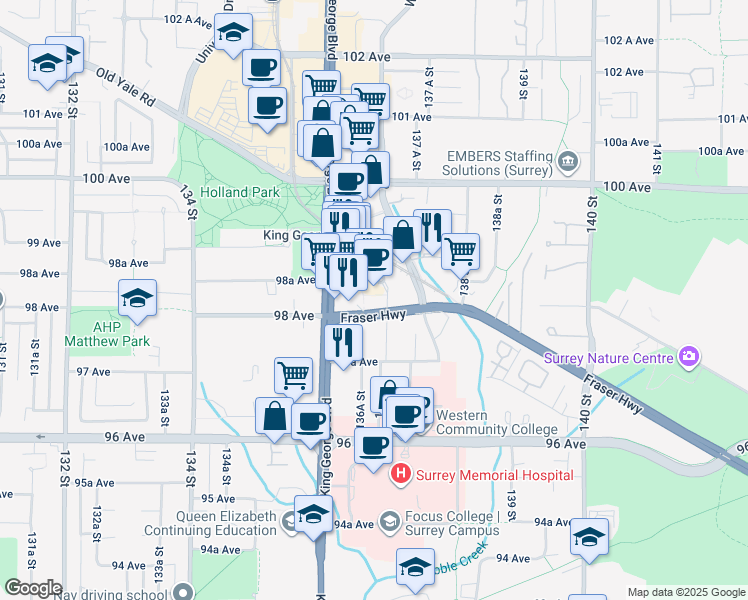 map of restaurants, bars, coffee shops, grocery stores, and more near 13655 Fraser Highway in Surrey