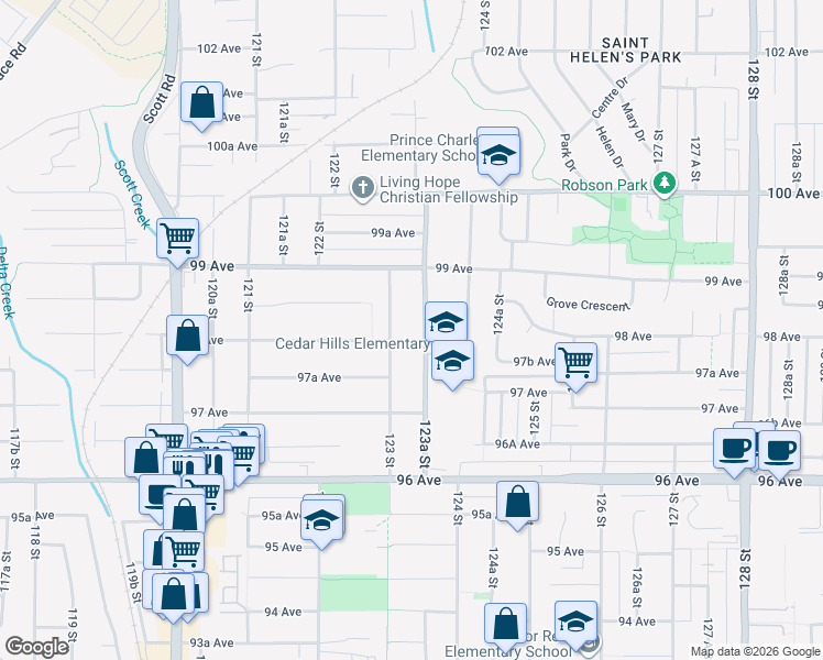 map of restaurants, bars, coffee shops, grocery stores, and more near 12337 98 Avenue in Surrey