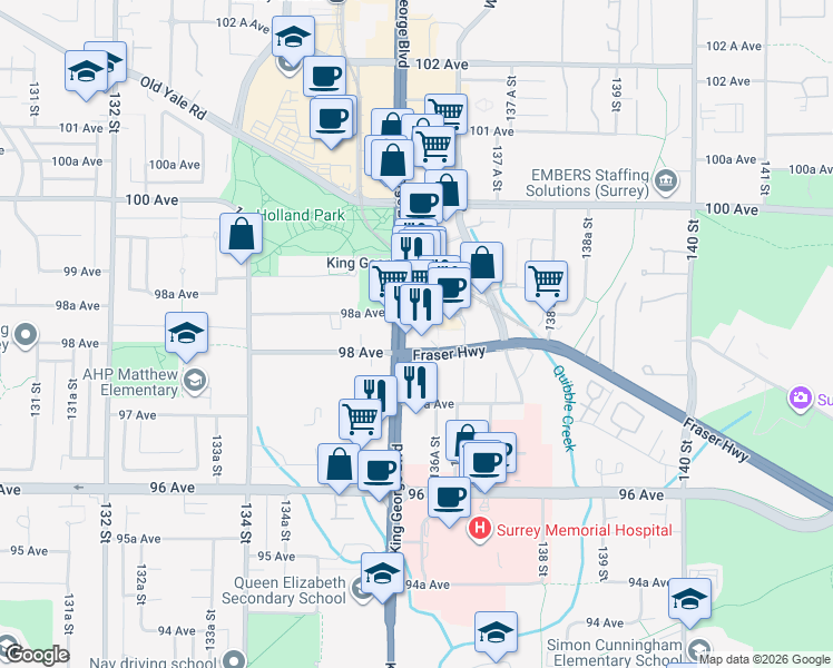map of restaurants, bars, coffee shops, grocery stores, and more near 13615 Fraser Highway in Surrey