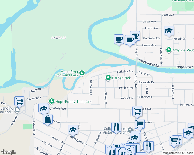 map of restaurants, bars, coffee shops, grocery stores, and more near 9825 Harrison Street in Chilliwack