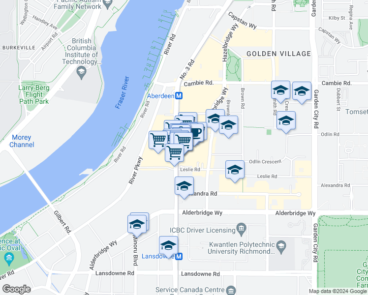 map of restaurants, bars, coffee shops, grocery stores, and more near 4540 No. 3 Road in Richmond