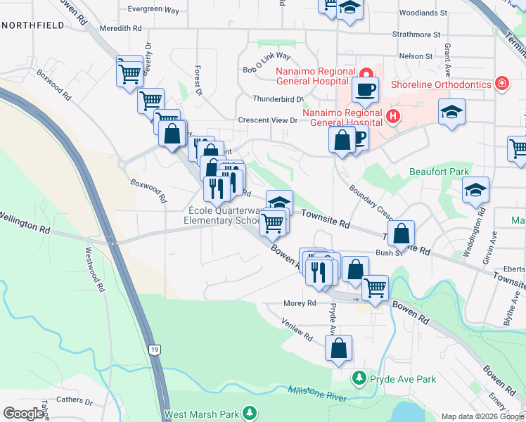 map of restaurants, bars, coffee shops, grocery stores, and more near 1632 Bowen Road in Nanaimo
