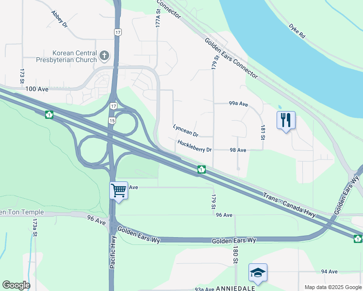 map of restaurants, bars, coffee shops, grocery stores, and more near 9885 Huckleberry Drive in Surrey