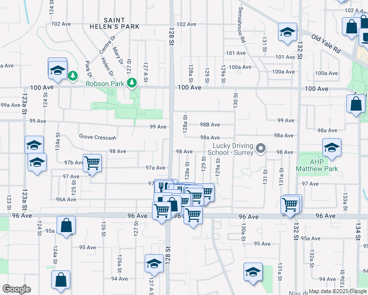 map of restaurants, bars, coffee shops, grocery stores, and more near 12841 98 Avenue in Surrey
