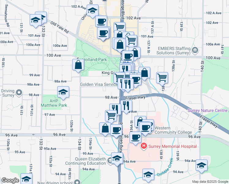 map of restaurants, bars, coffee shops, grocery stores, and more near 9835 King George Boulevard in Surrey