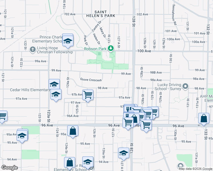 map of restaurants, bars, coffee shops, grocery stores, and more near 12657 98 Avenue in Surrey