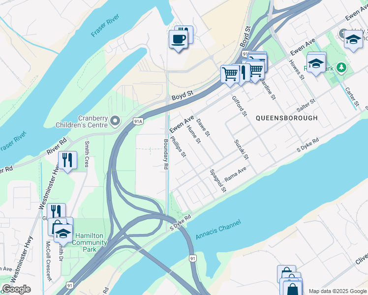 map of restaurants, bars, coffee shops, grocery stores, and more near 231 Phillips Street in New Westminster