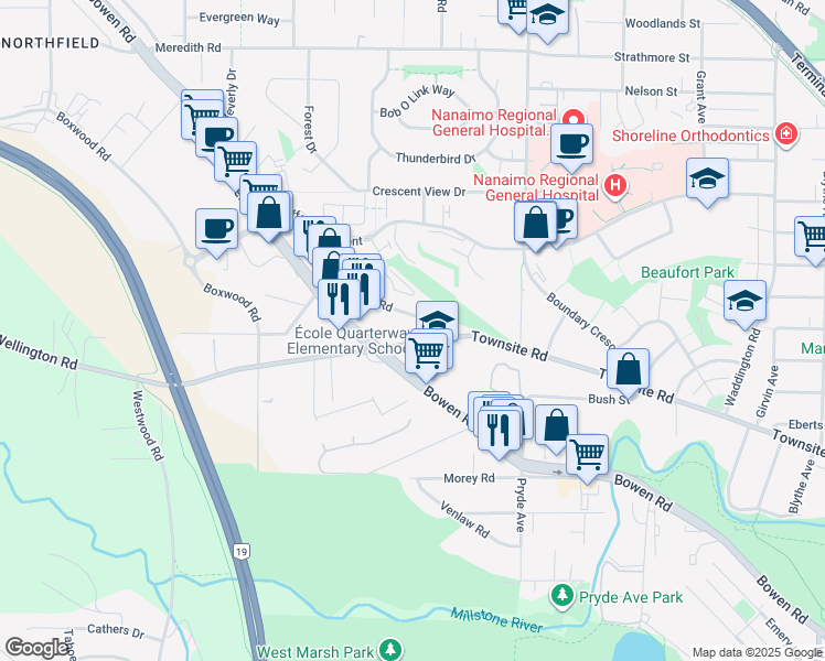 map of restaurants, bars, coffee shops, grocery stores, and more near 1630 East Wellington Road in Nanaimo