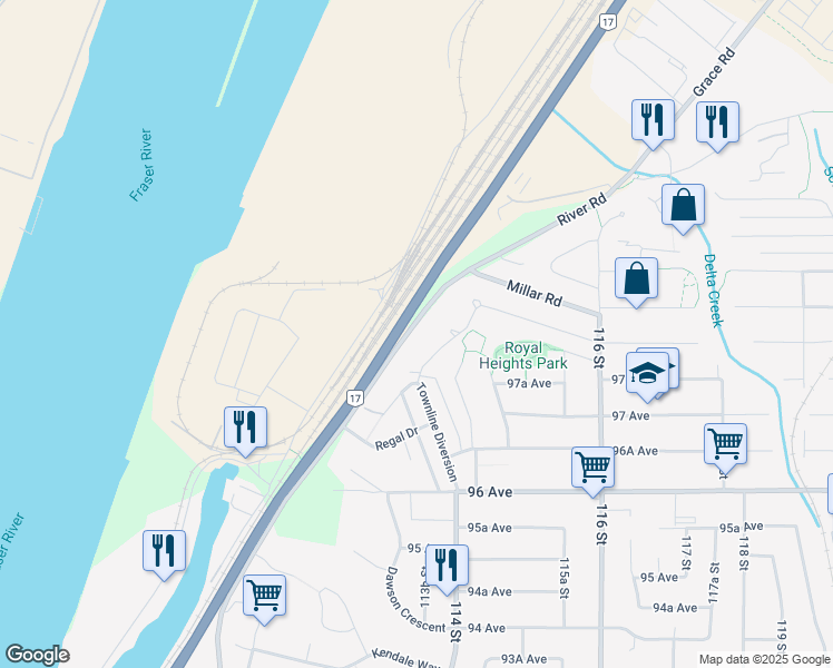 map of restaurants, bars, coffee shops, grocery stores, and more near 11344 River Road in Surrey