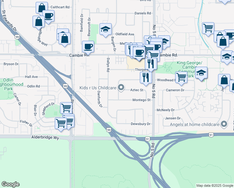map of restaurants, bars, coffee shops, grocery stores, and more near 4351 Woodhead Road in Richmond