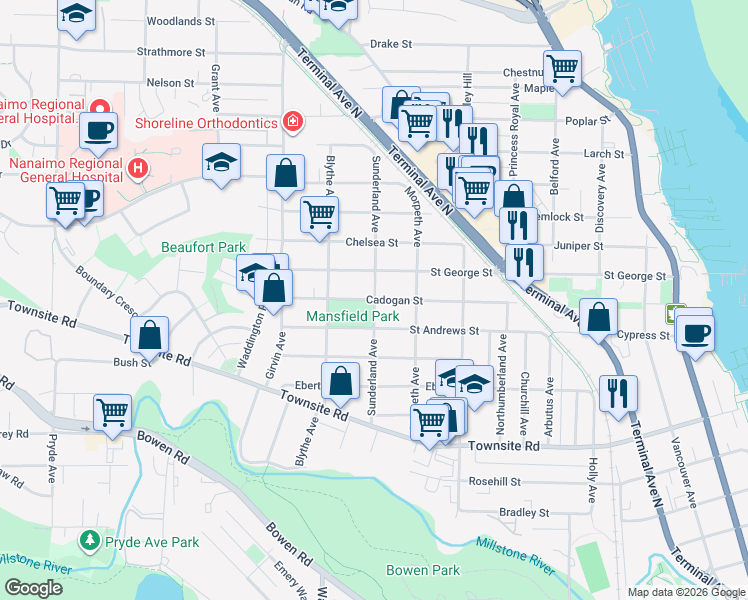 map of restaurants, bars, coffee shops, grocery stores, and more near Sunderland Avenue in Nanaimo