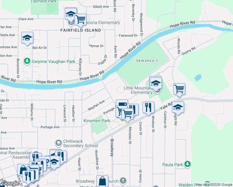 map of restaurants, bars, coffee shops, grocery stores, and more near 9835 Angus Drive in Chilliwack