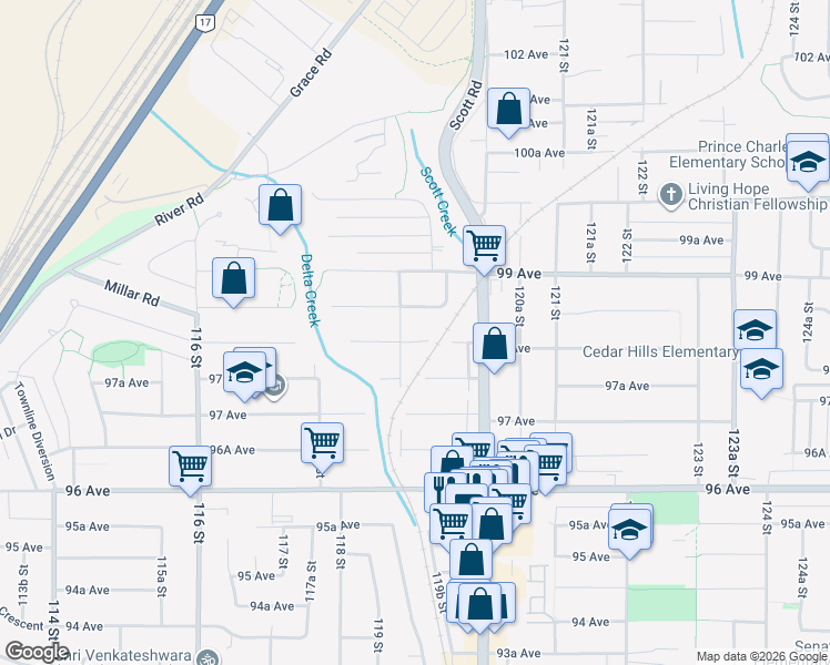 map of restaurants, bars, coffee shops, grocery stores, and more near 11903 98 Avenue in Surrey