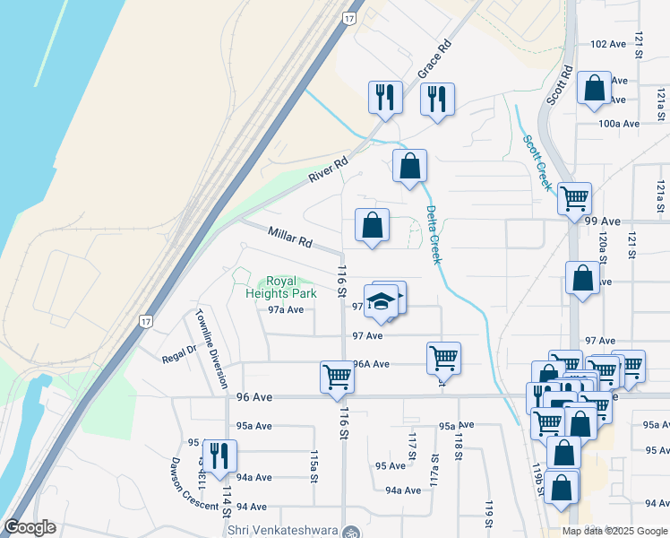 map of restaurants, bars, coffee shops, grocery stores, and more near 11585 Royal Crescent in Surrey