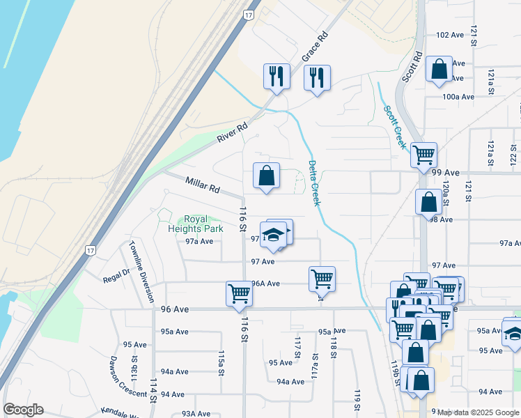 map of restaurants, bars, coffee shops, grocery stores, and more near 11631 98 Avenue in Surrey