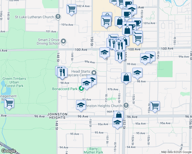 map of restaurants, bars, coffee shops, grocery stores, and more near 15026 98A Avenue in Surrey