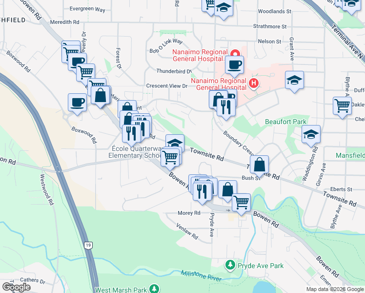 map of restaurants, bars, coffee shops, grocery stores, and more near Townsite Road in Nanaimo