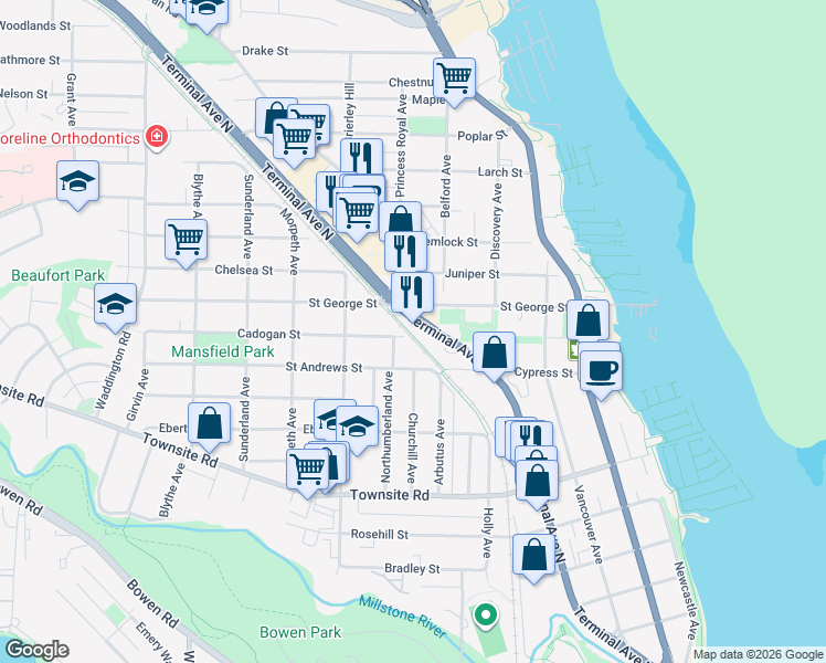 map of restaurants, bars, coffee shops, grocery stores, and more near 482 Saint Andrews Street in Nanaimo