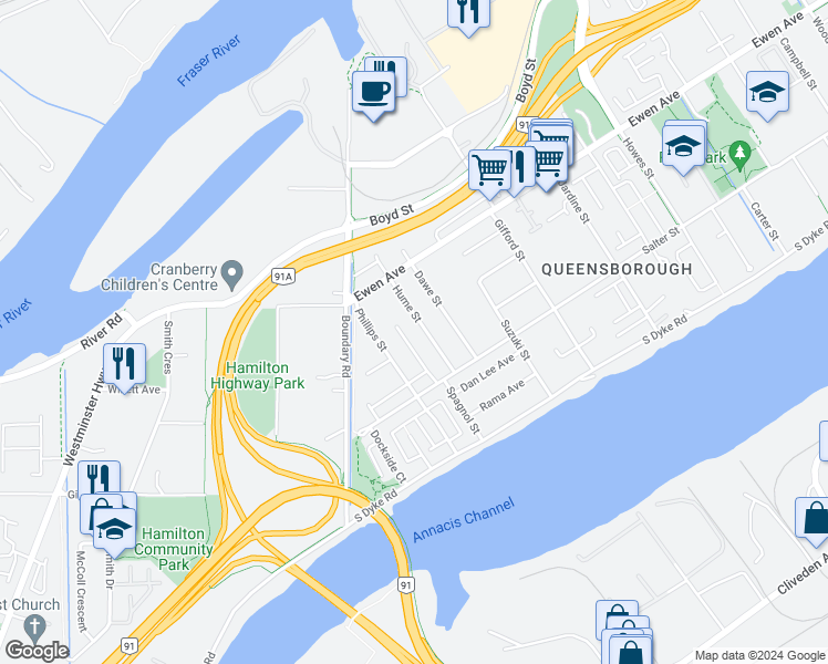 map of restaurants, bars, coffee shops, grocery stores, and more near 238 Hume Street in New Westminster