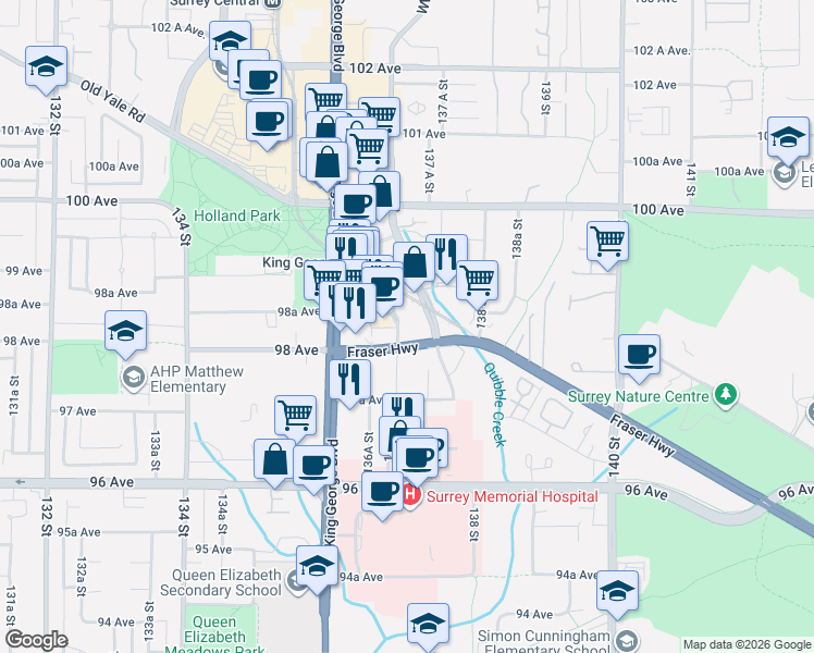 map of restaurants, bars, coffee shops, grocery stores, and more near 13745 George Junction in Surrey