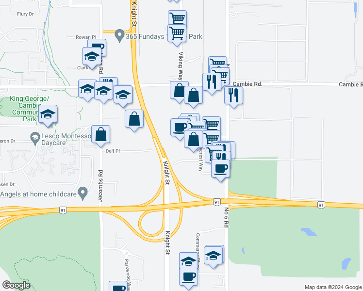 map of restaurants, bars, coffee shops, grocery stores, and more near 13700 Mayfield Place in Richmond