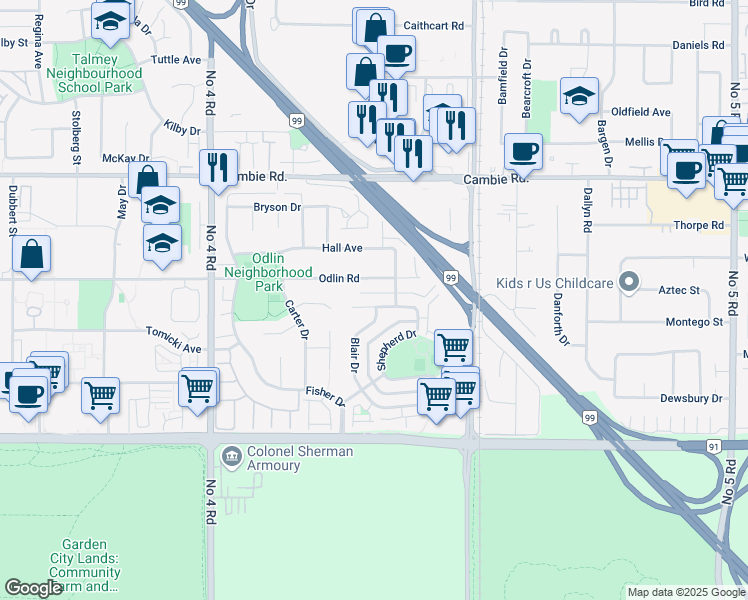 map of restaurants, bars, coffee shops, grocery stores, and more near 10491 Shepherd Drive in Richmond