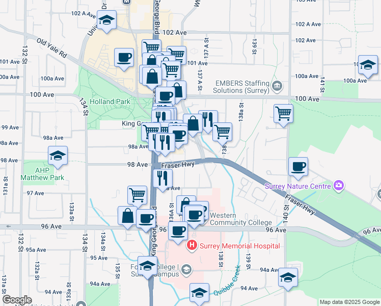map of restaurants, bars, coffee shops, grocery stores, and more near 13745 George Junction in Surrey