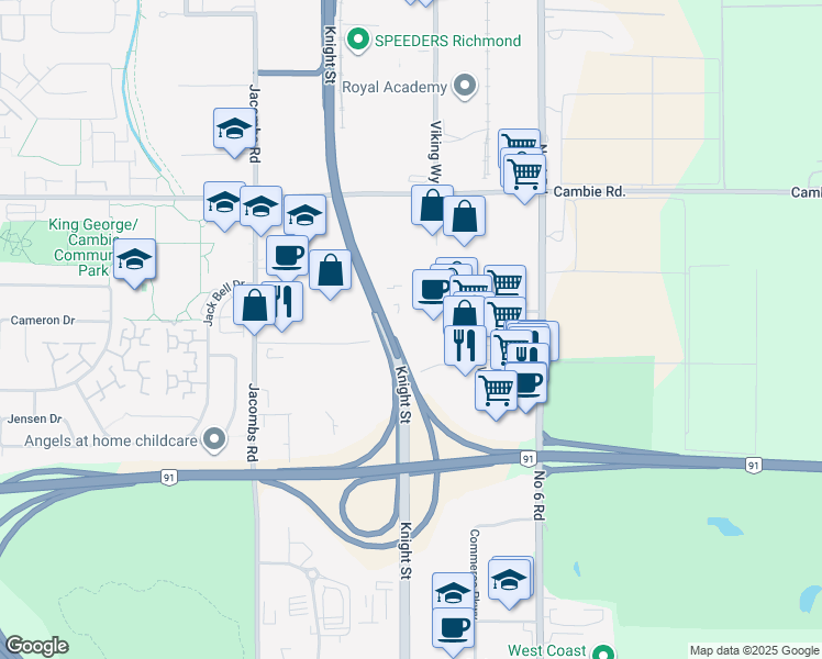 map of restaurants, bars, coffee shops, grocery stores, and more near 13700 Mayfield Place in Richmond