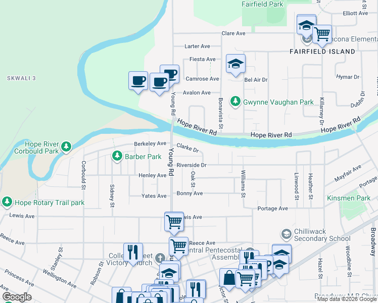 map of restaurants, bars, coffee shops, grocery stores, and more near 46022 Clarke Drive in Chilliwack