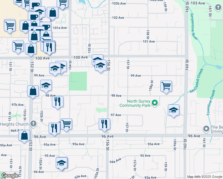 map of restaurants, bars, coffee shops, grocery stores, and more near 9820 156 Street in Surrey