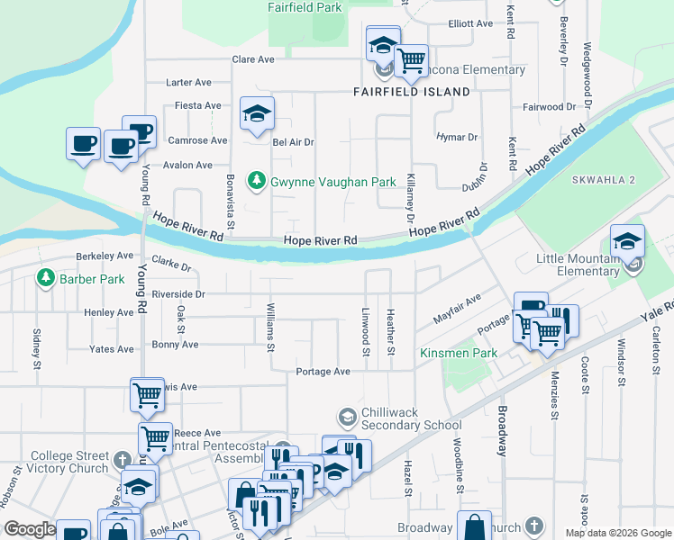 map of restaurants, bars, coffee shops, grocery stores, and more near 46307 Riverside Drive in Chilliwack