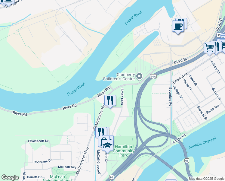 map of restaurants, bars, coffee shops, grocery stores, and more near 23311 Westminster Highway in Richmond