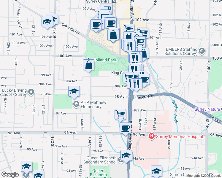 map of restaurants, bars, coffee shops, grocery stores, and more near 13494 98A Avenue in Surrey