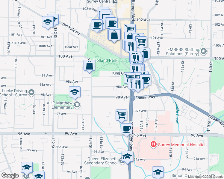map of restaurants, bars, coffee shops, grocery stores, and more near 13494 98A Avenue in Surrey