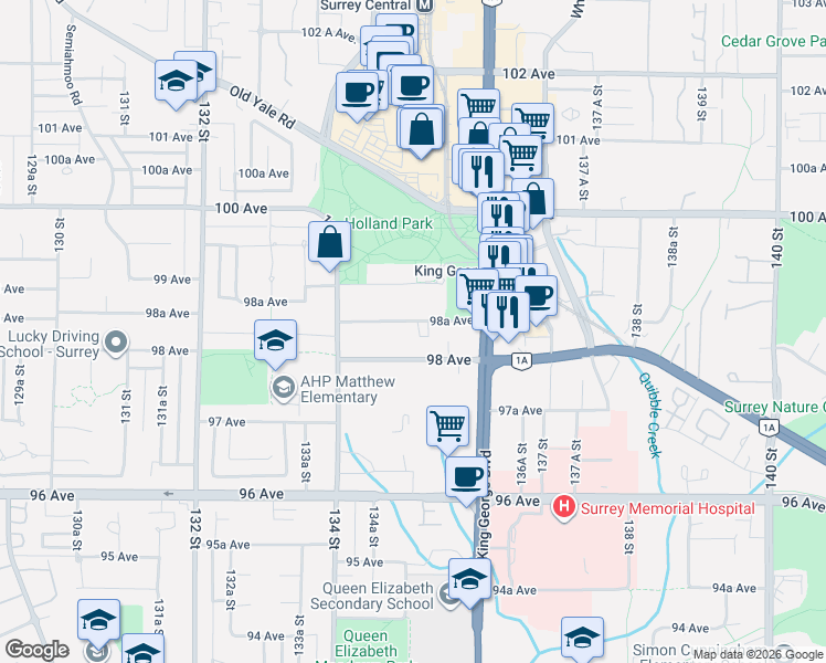 map of restaurants, bars, coffee shops, grocery stores, and more near in Surrey