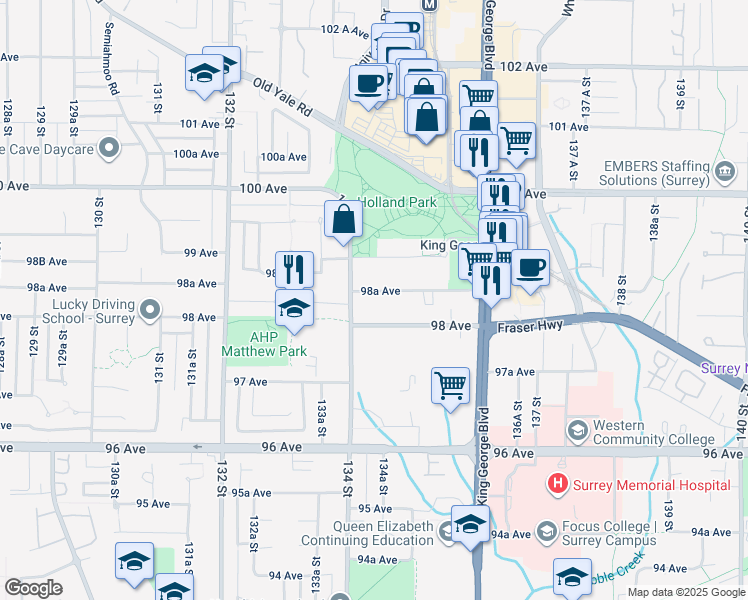 map of restaurants, bars, coffee shops, grocery stores, and more near 13434 98A Avenue in Surrey