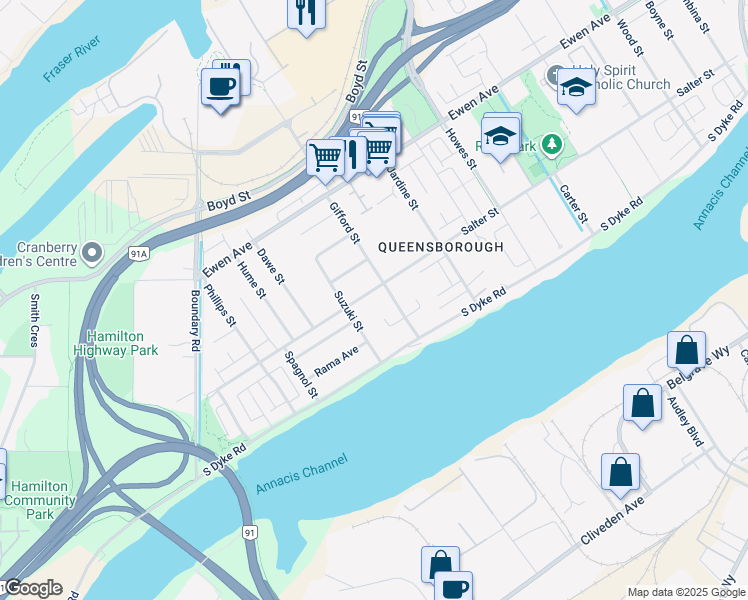 map of restaurants, bars, coffee shops, grocery stores, and more near 1210 Salter Street in New Westminster