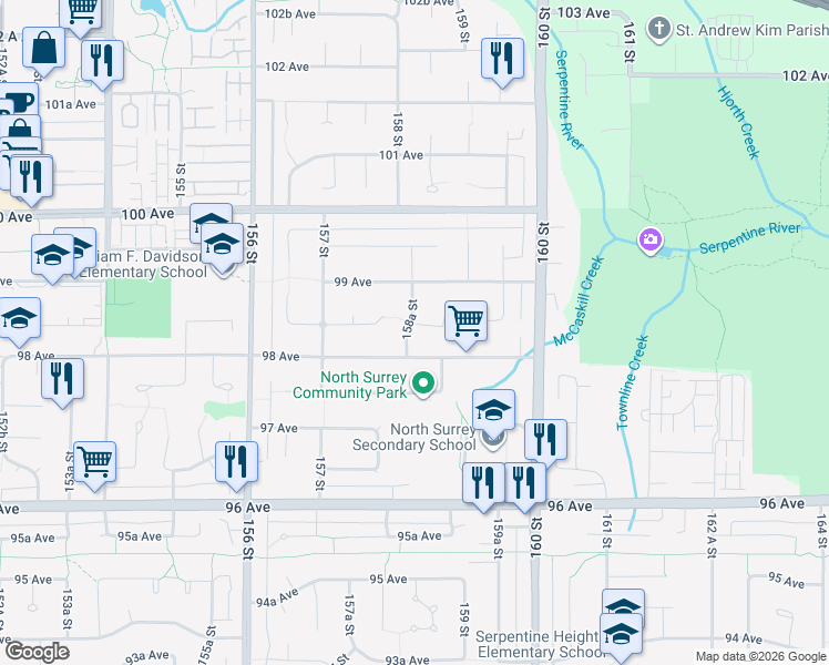 map of restaurants, bars, coffee shops, grocery stores, and more near 9840 158A Street in Surrey