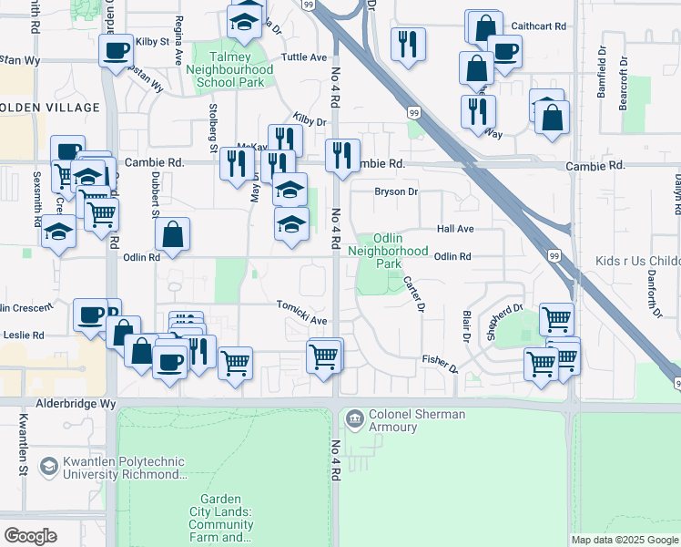 map of restaurants, bars, coffee shops, grocery stores, and more near 4380 Number 4 Road in Richmond