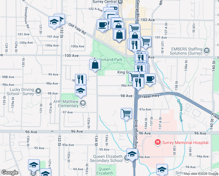 map of restaurants, bars, coffee shops, grocery stores, and more near 13464 98A Avenue in Surrey