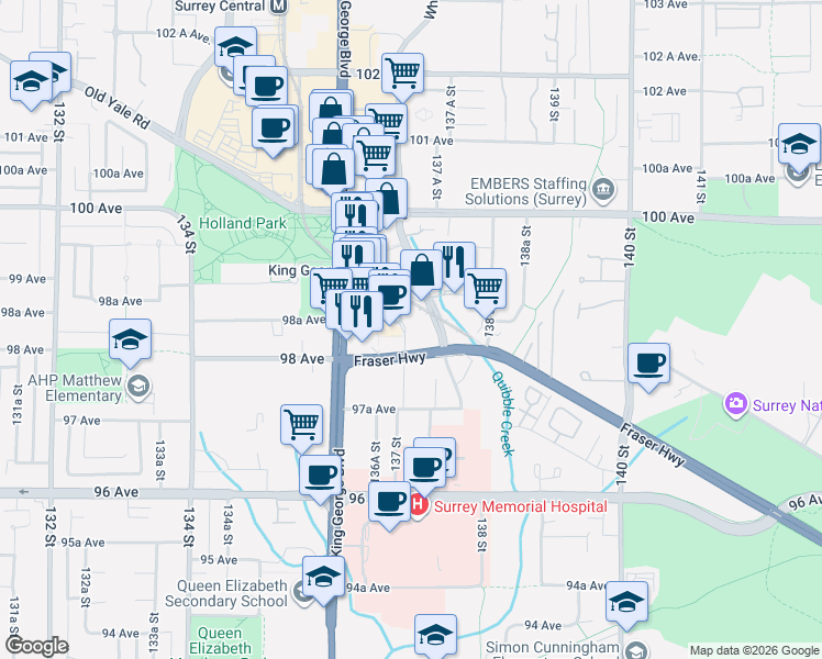 map of restaurants, bars, coffee shops, grocery stores, and more near 13725 George Junction in Surrey