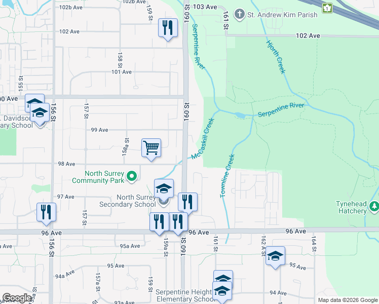 map of restaurants, bars, coffee shops, grocery stores, and more near 9834 160 Street in Surrey