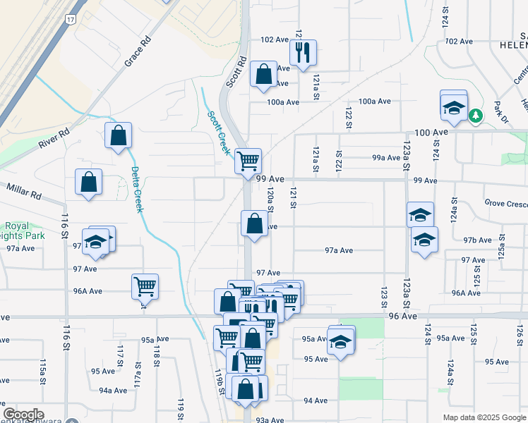 map of restaurants, bars, coffee shops, grocery stores, and more near 9829 120A Street in Surrey