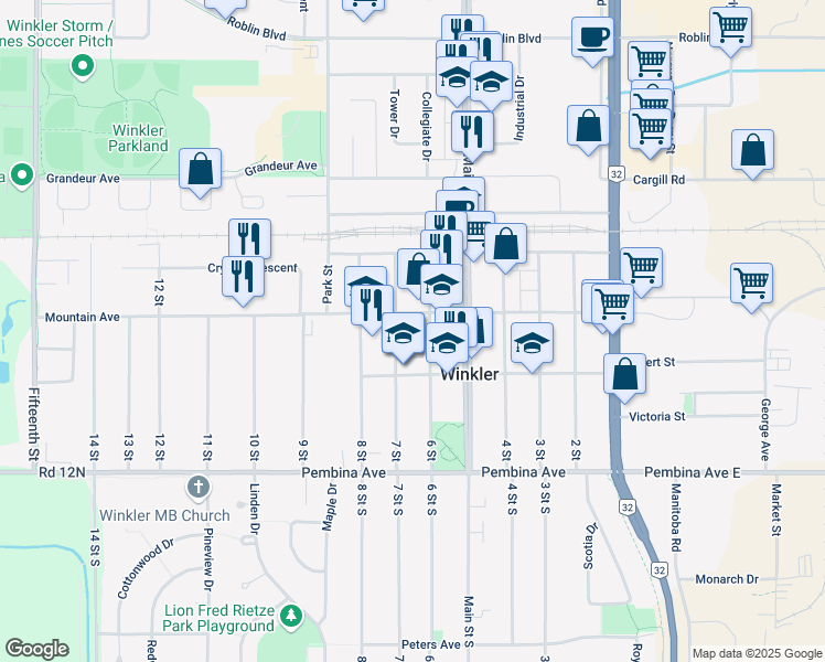 map of restaurants, bars, coffee shops, grocery stores, and more near 288 6 Street in Winkler
